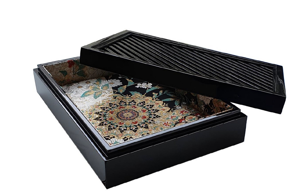 High Gloss Lacquered Rectangular Box Lined with Vintage Japanese Silk Embroidery